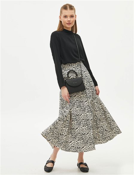 Camouflage Patterned Wide Pleated Skirt Ecru-Black