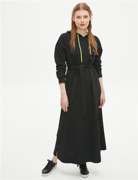 Belted Low Sleeve Long Dress Black