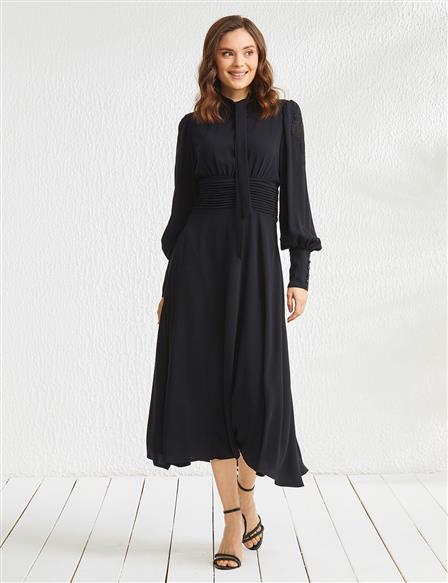 Sleeves Appliqued Pleated Dress Black