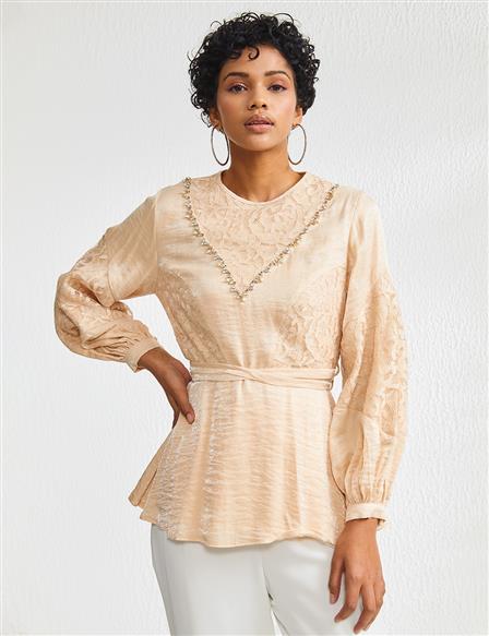 Bead Embroidered Lace Blouse Salmon