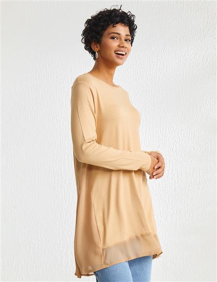 BASIC Şifon Detaylı Süprem Penye Tunik Bej