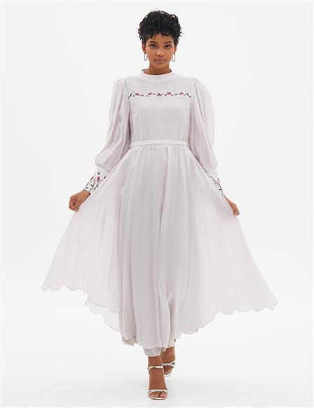 Embroidered Judge Collar Long Dress Light Lilac