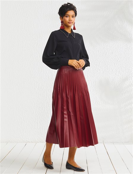 Pleated A-line Skirt Claret Red