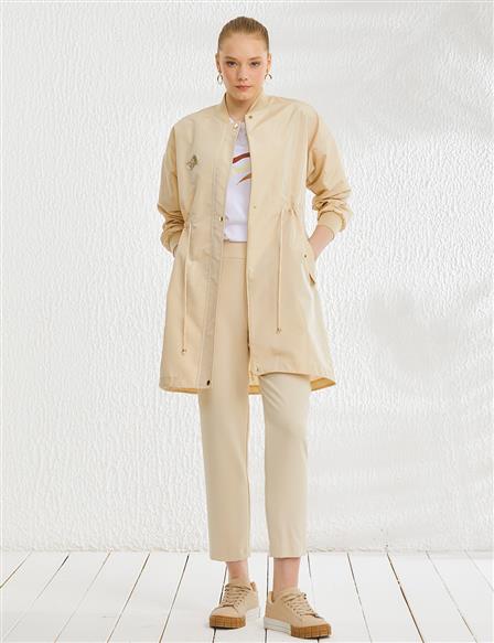 Applique Detailed Rope Belt Jacket Cream