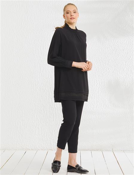 Guipure Ruched Collar Tunic Black