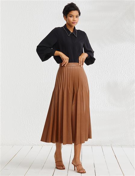 Pleated A-line Skirt Camel