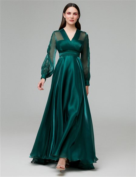 TIARA Deep V Neck Balloon Sleeve Evening Dress Emerald
