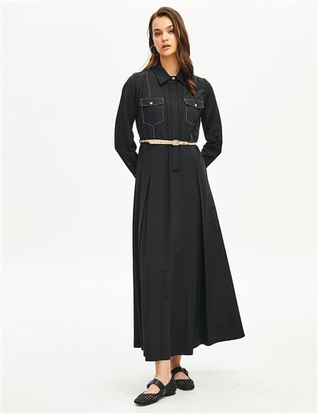 Double Pocket Wide Pleated Dress Black