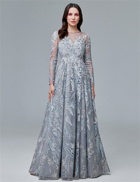 TIARA Wide Pleated Embroidered Evening Dress Grey