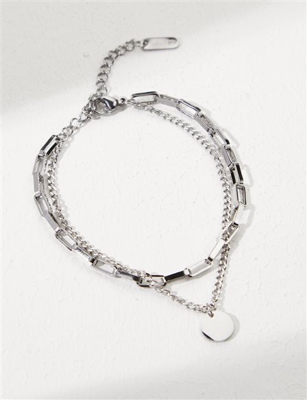 Circular Symbol Double Chain Bracelet Silver Color