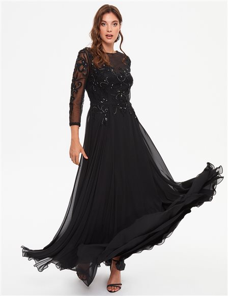 TIARA Embroidered Illusion Collar Evening Dress Black