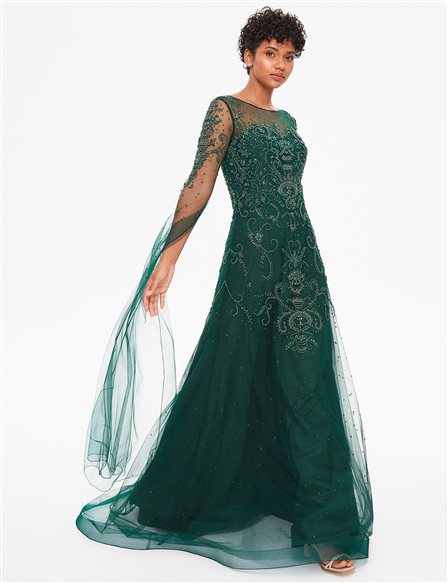 TIARA Tulle Covered Embroidered Evening Dress Emerald