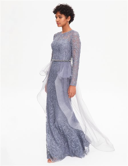 TIARA Illusion Collar Embroidered Long Evening Dress Blue Granite