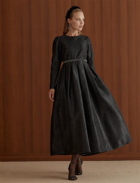 Embossed Wide Pleated Long Dress Black