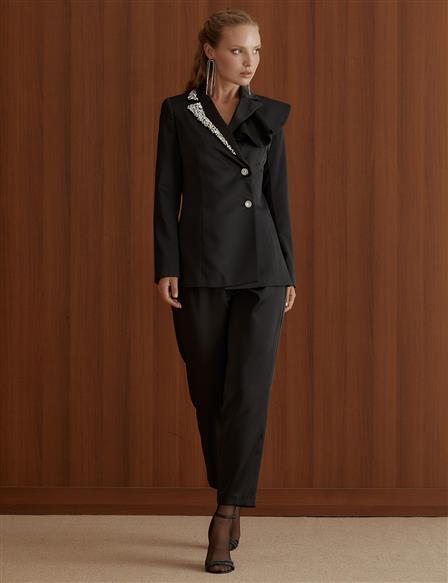 Stone Embroidered Stylish Double Suit Black