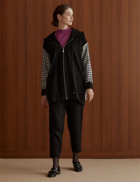 Houndstooth Patterned Ribbed Jacket Black