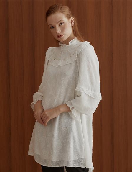 Embroidered Detailed Frilly Tunic White