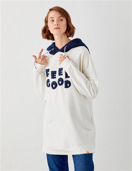 Slogan Detailed Plush Hooded Sweatshirt Ecru-Navy