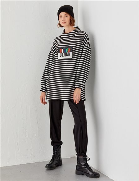 Çizgili Düşük Kol Sweatshirt Siyah