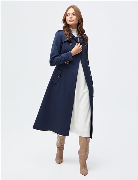 Bone Buttons Double Breasted Trench Coat Navy