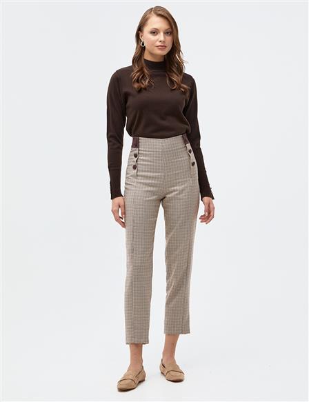 Houndstooth Patterned High Waist Pants Brown-Cream