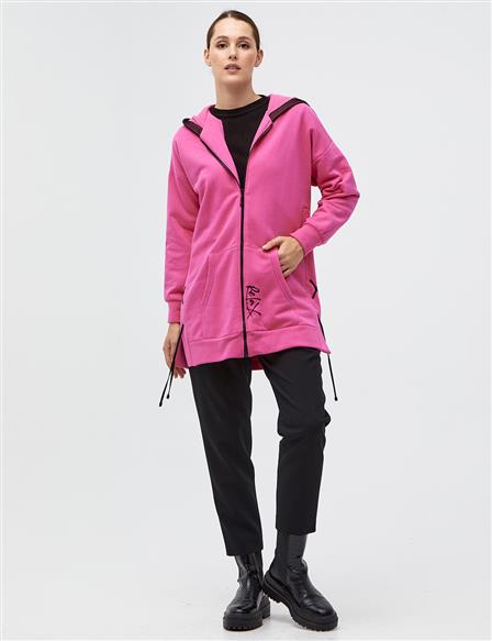 Kapüşonlu İçi Polar Sweatshirt Fuşya