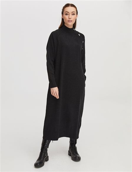 Raglan Sleeve Half Turtleneck Knitwear Dress Black