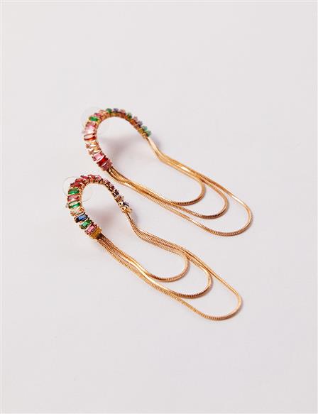Colorful Stone Three Chain Earrings Gold Color