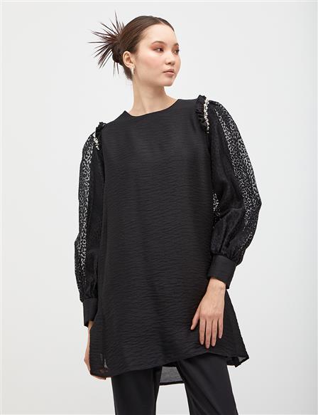 Bead Embroidered Frilly Tunic Black
