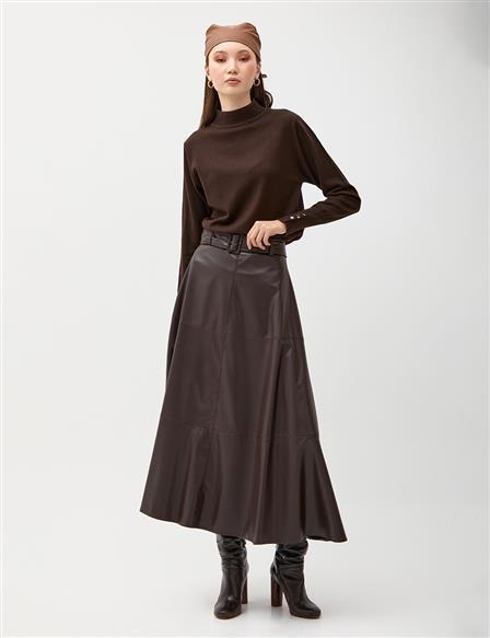 Belted Faux Leather Skirt Bitter Brown