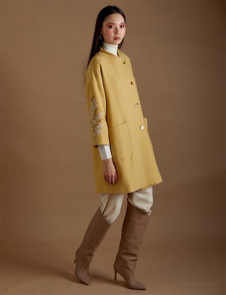 Embroidered Sleeves Coat Yellow