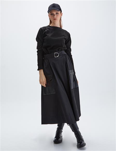 Faux Leather Pocket Detailed Skirt Black