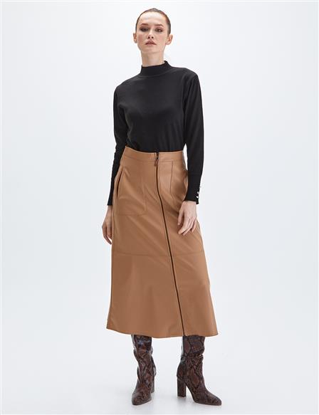 Pocket Faux Leather Skirt Beige