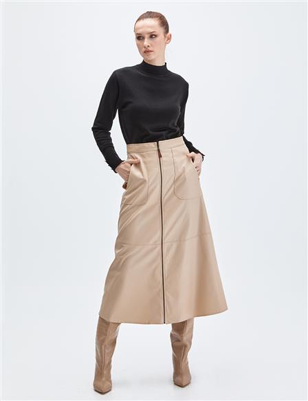 Pocket Faux Leather Skirt Light Beige