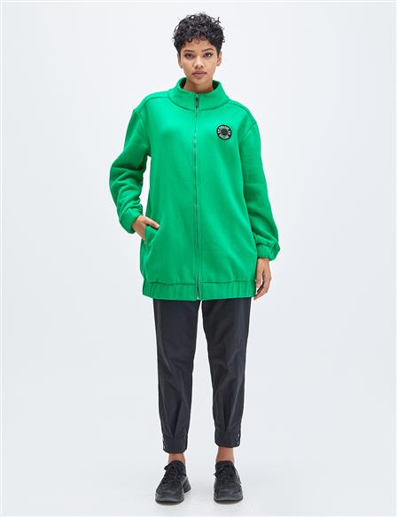 Zipper Closure Coated Sweatshirt Green