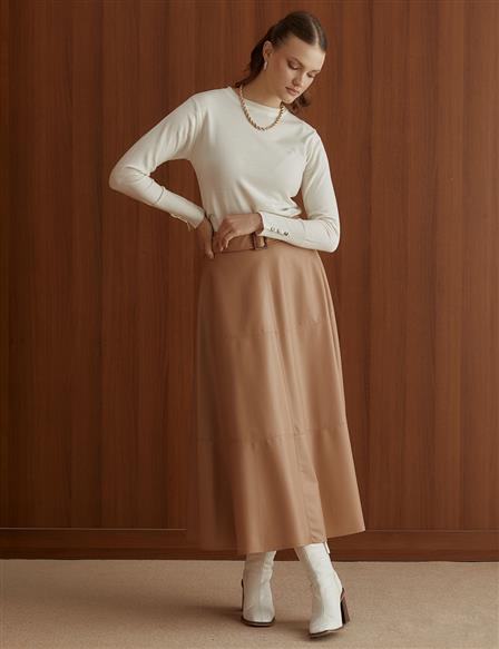 Belted Faux Leather Skirt Beige