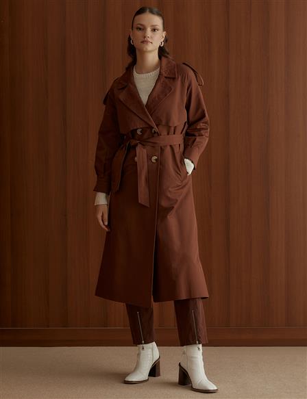 Embroidered Double Breasted Trench Coat Brown
