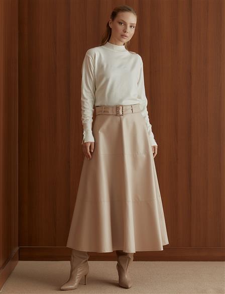 Belted Faux Leather Skirt Light Beige