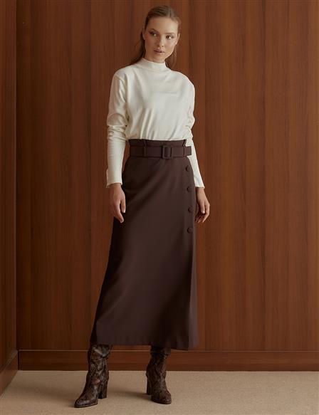 Belted Pleated Skirt Dark Brown