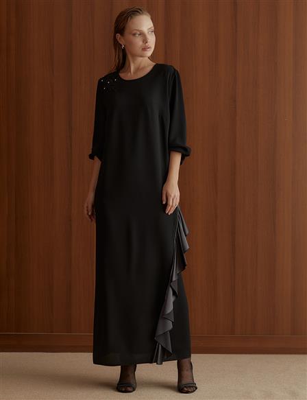 Flared Wide Collar Embroidered Dress Black