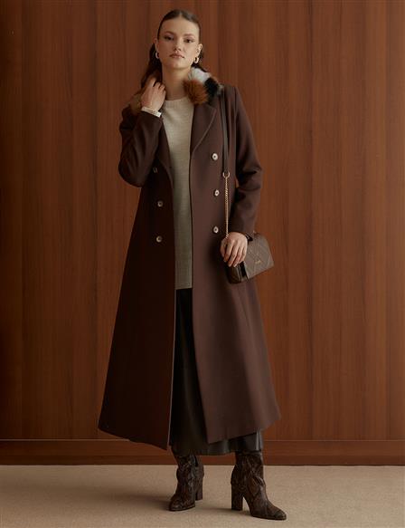 Fur Collar Long Double Breasted Coat Dark Brown