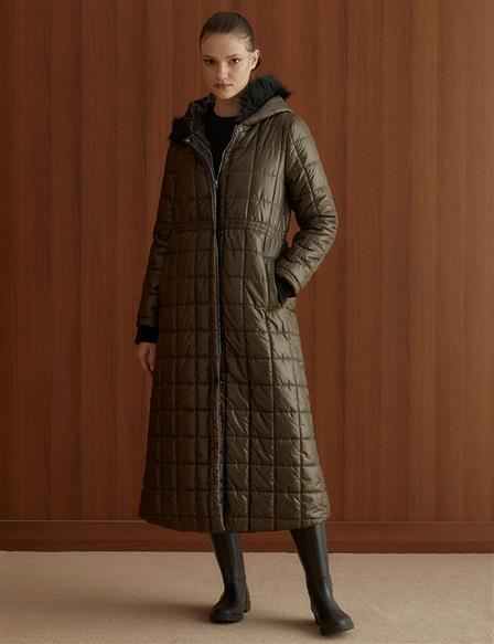 Ribbed Quilted Long Inflatable Coat Khaki