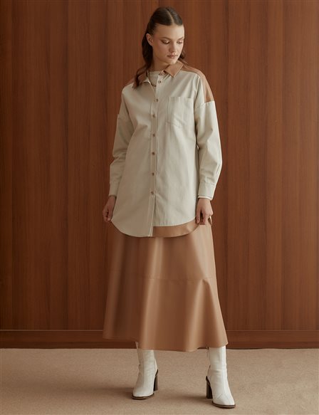 Color Block Faux Leather Tunic Cream