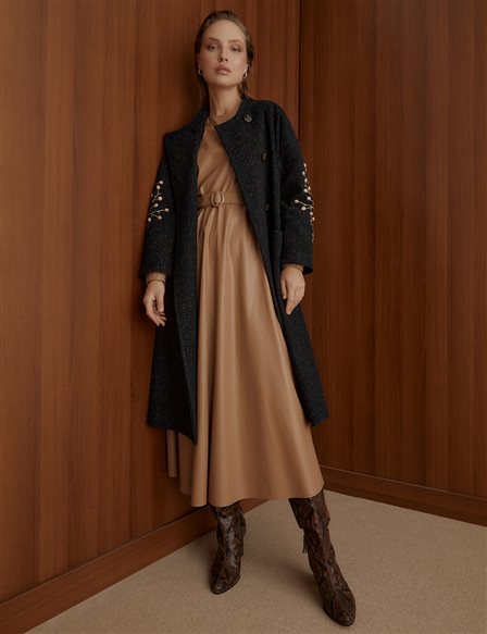 Embroidered Arm and Marbled Coat Navy-Brown