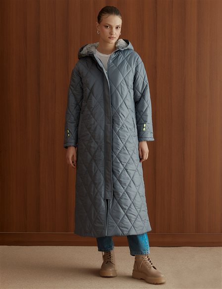 Hooded Quilted Coat Teal