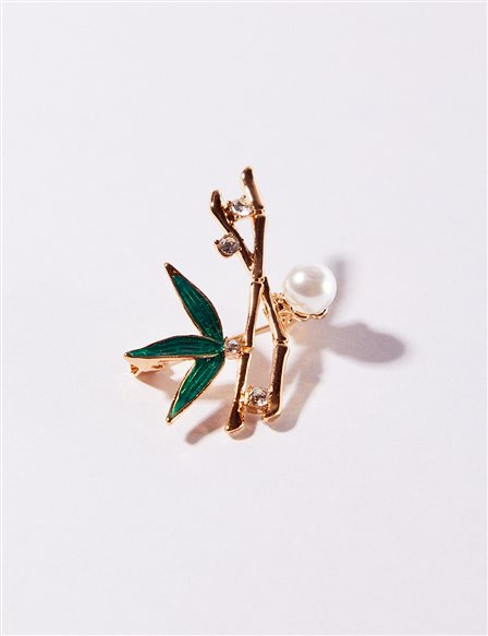 Bamboo Themed Pearl Brooch Gold