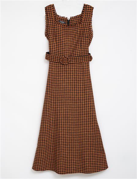 Houndstooth Patterned Belted Tweed Dress Tile-Cream