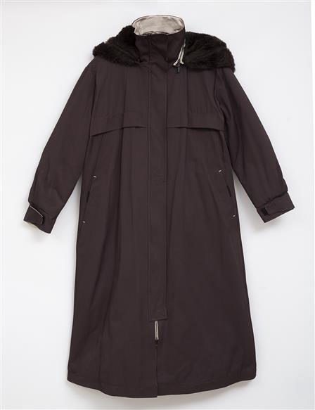 Furry Hooded Inflatable Coat Dark Brown