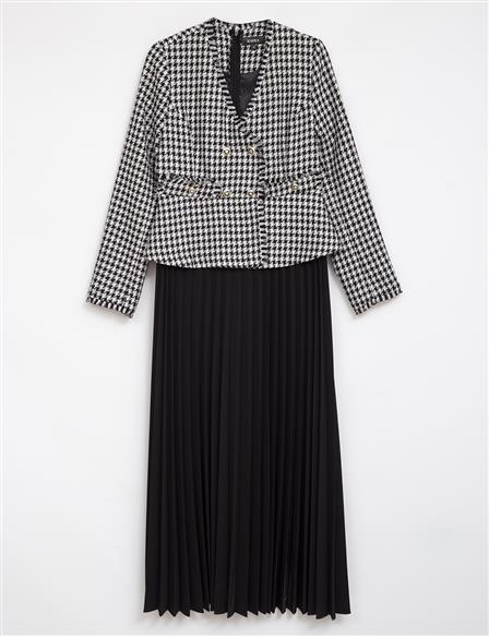 Tweed Jacket Pleated Skirt Dress Black