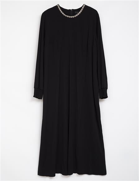 Taş İşlemeli Kayık Yaka Elbise Siyah